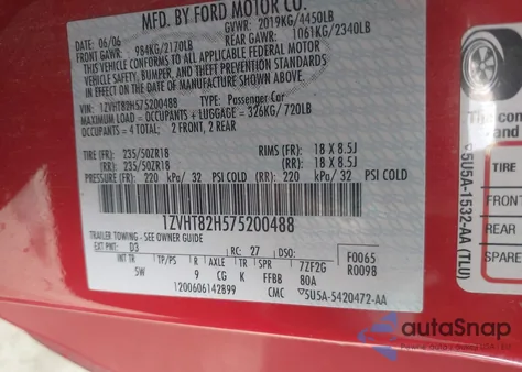 2007 Ford Mustang Gt Deluxe/Gt Premium from USA, damaged, VIN 1ZVHT82H575200488